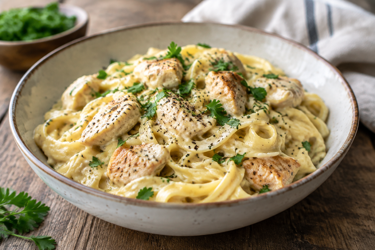 Creamy chickenbutter noodles garnished with parsley and black pepper on rustic wooden table