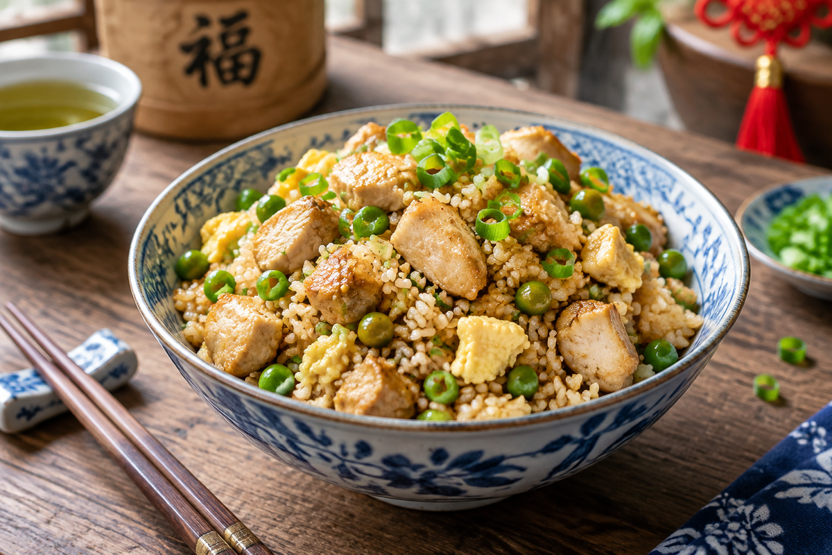 Chinese chicken fried rice with chicken, peas, eggs, and scallions garnished and ready to serve