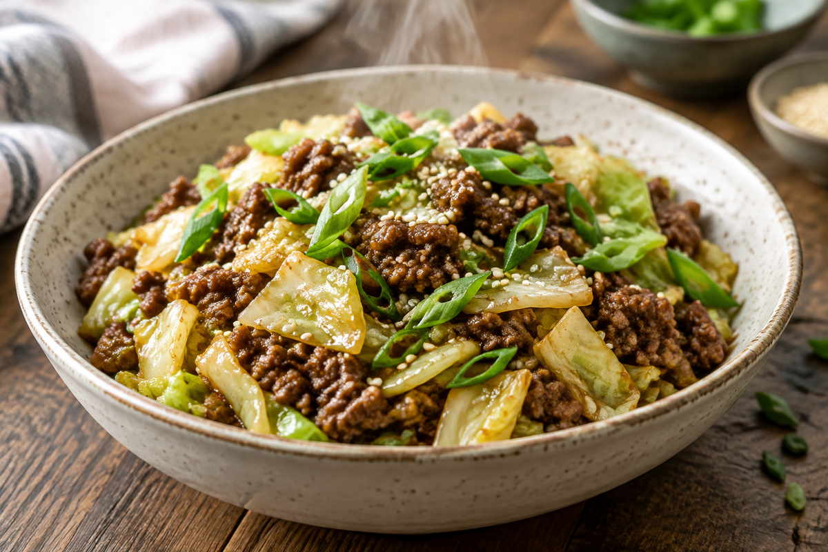 Chinese ground beef and cabbage stir fry garnished with green onions and sesame seeds