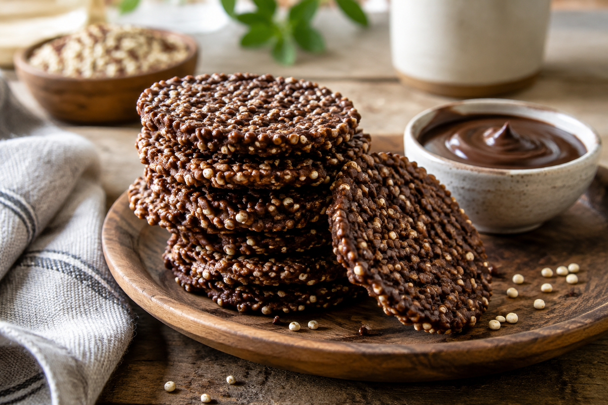 Close-up of crunchy chocolate quinoa crisps stacked on rustic plate, showcasing chocolate quinoa crisps texture