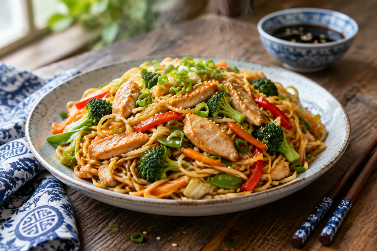 Easy chow mein noodles with vegetables and chicken, better than takeout noodles