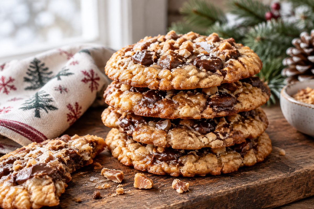 Stack of easy Christmas crack cookies with melted chocolate and toffee bits, holiday treat