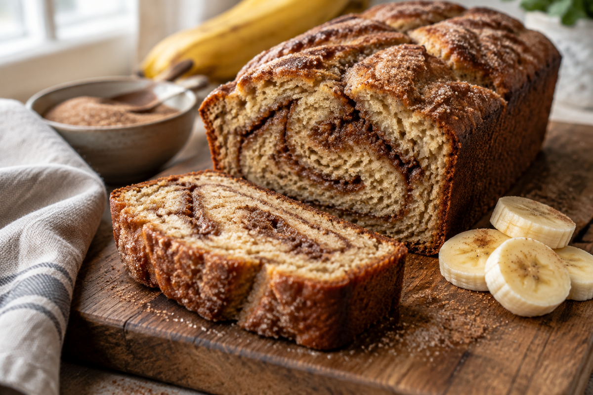 A moist cinnamon roll banana bread loaf sliced with cinnamon sugar swirl visible