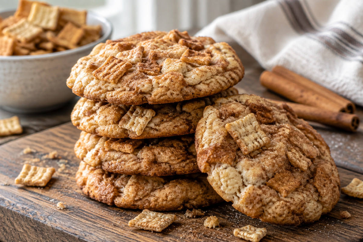 Easy cinnamon toast crunch cookies stacked on a wooden board with cinnamon sugar coating