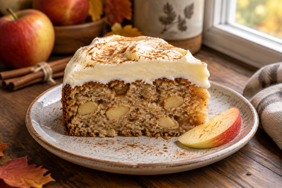 Slice of easy classic apple cake with creamy cream cheese frosting on rustic plate