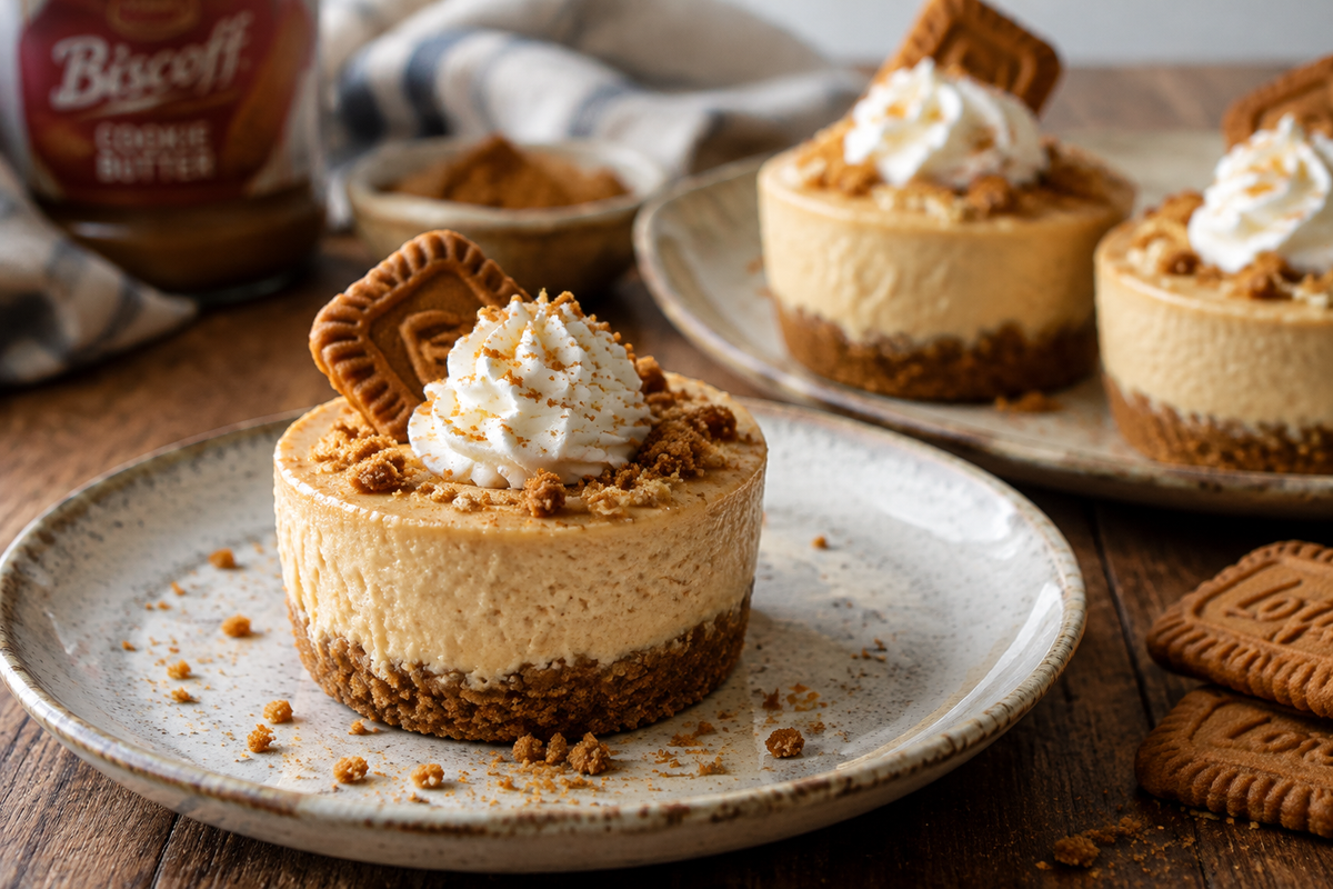 Close-up of creamy cookie butter cheesecake cups with crunchy crust and cookie crumb garnish