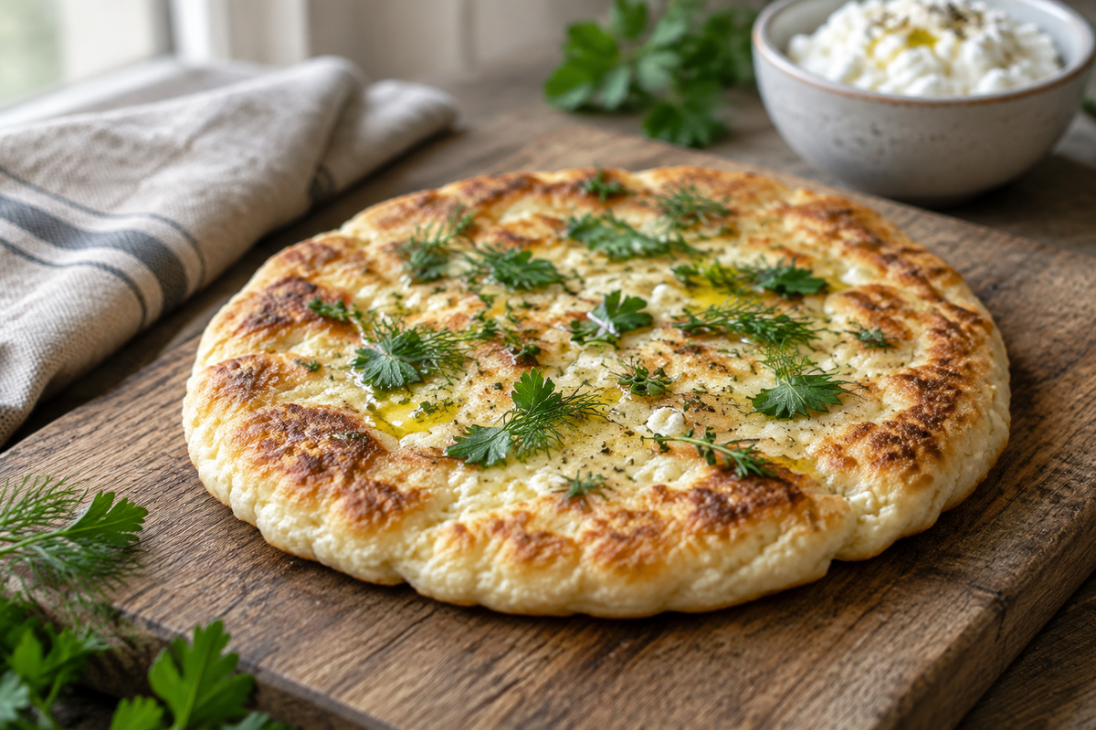 Golden cottage cheese flatbread with fresh herbs on rustic wooden board, cottage cheese flatbread