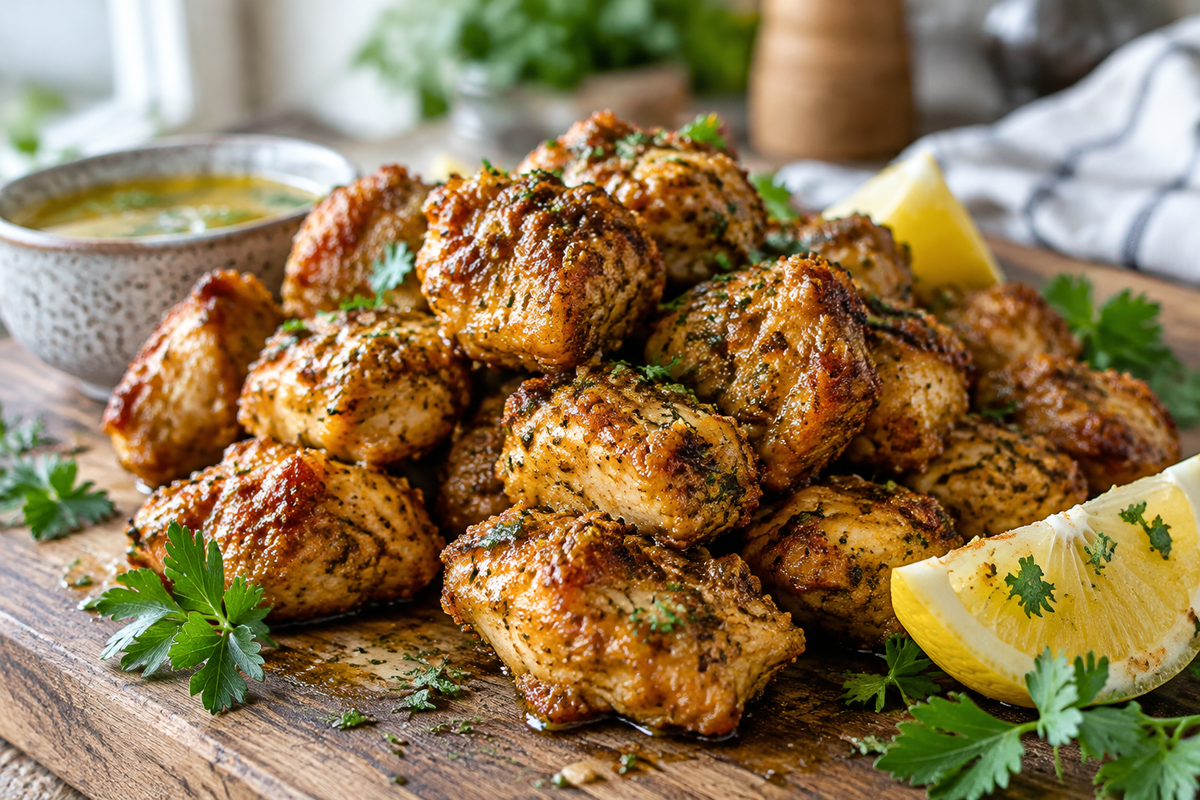 Golden cowboy butter chicken bites garnished with parsley and lemon wedges on rustic wooden board