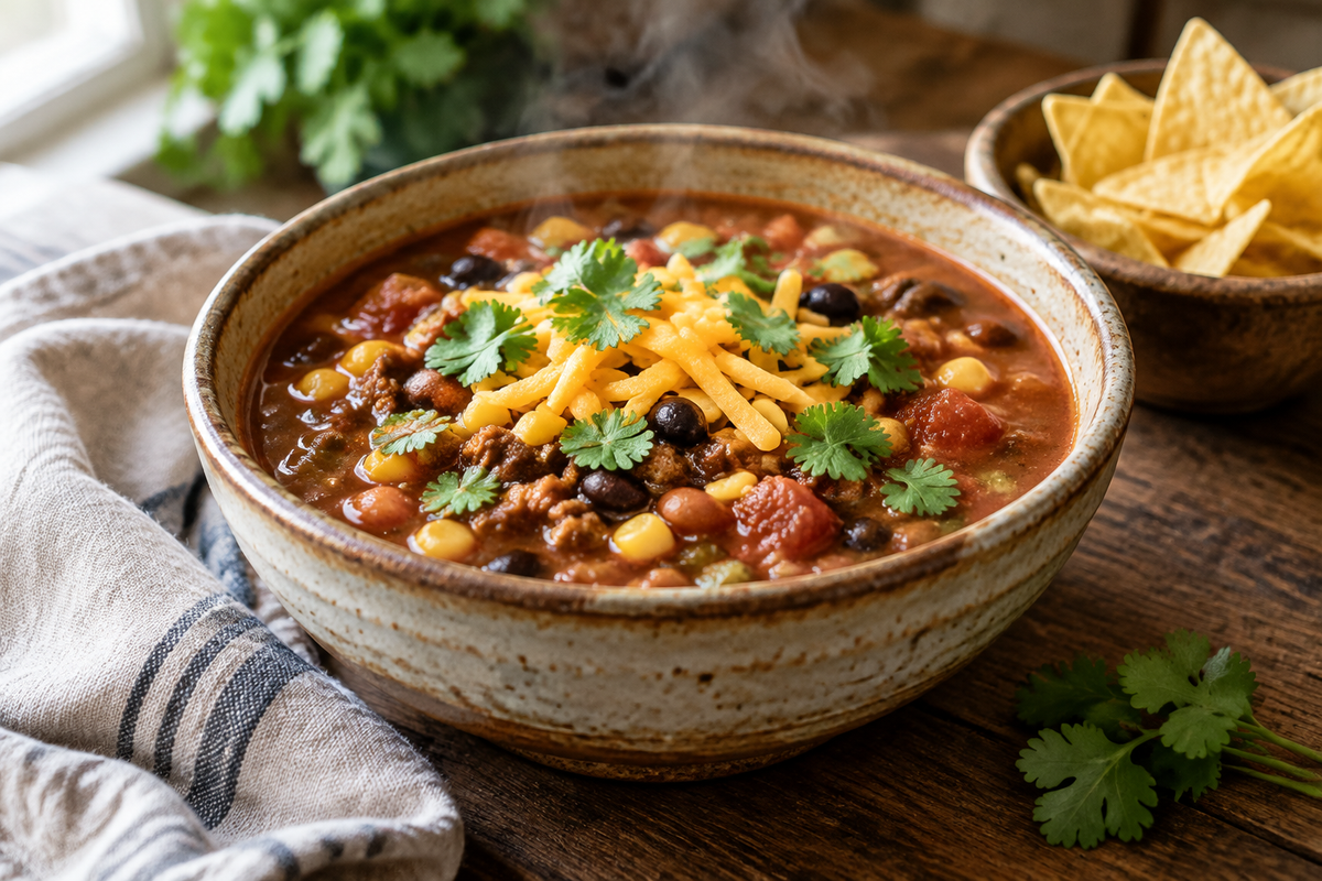 Hearty crockpot cowboy soup served in a bowl with cilantro and cheddar garnish