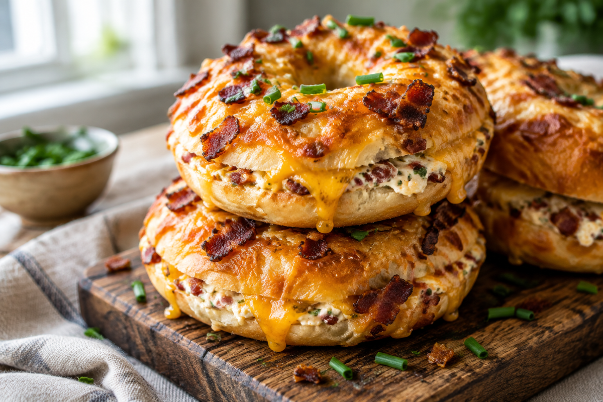 Close-up of creamy bacon cheddar bagels with melted cheddar and crispy bacon, perfect breakfast dish