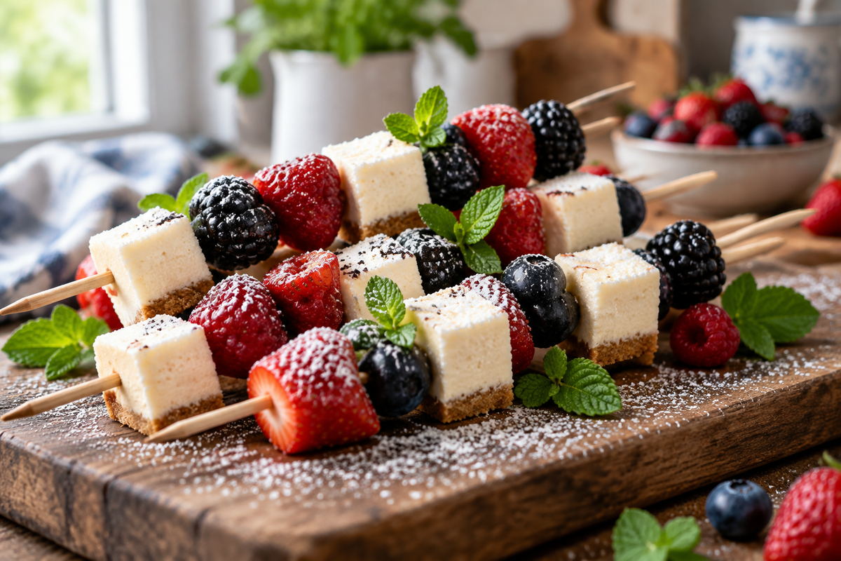 Easy creamy berry cheesecake kabobs with fresh berries and mint garnish on a wooden board