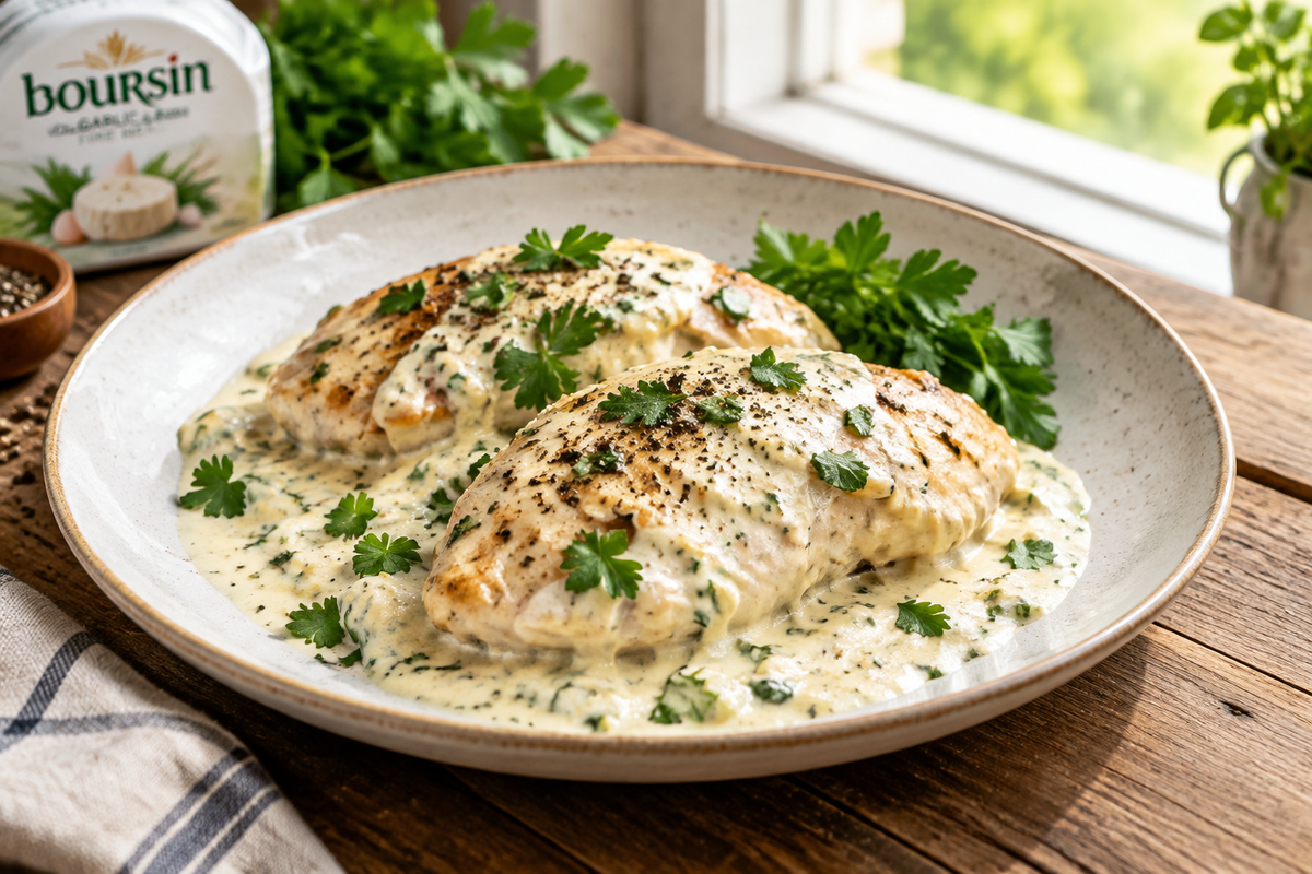 Creamy chicken boursin sauce served over chicken breasts garnished with fresh parsley