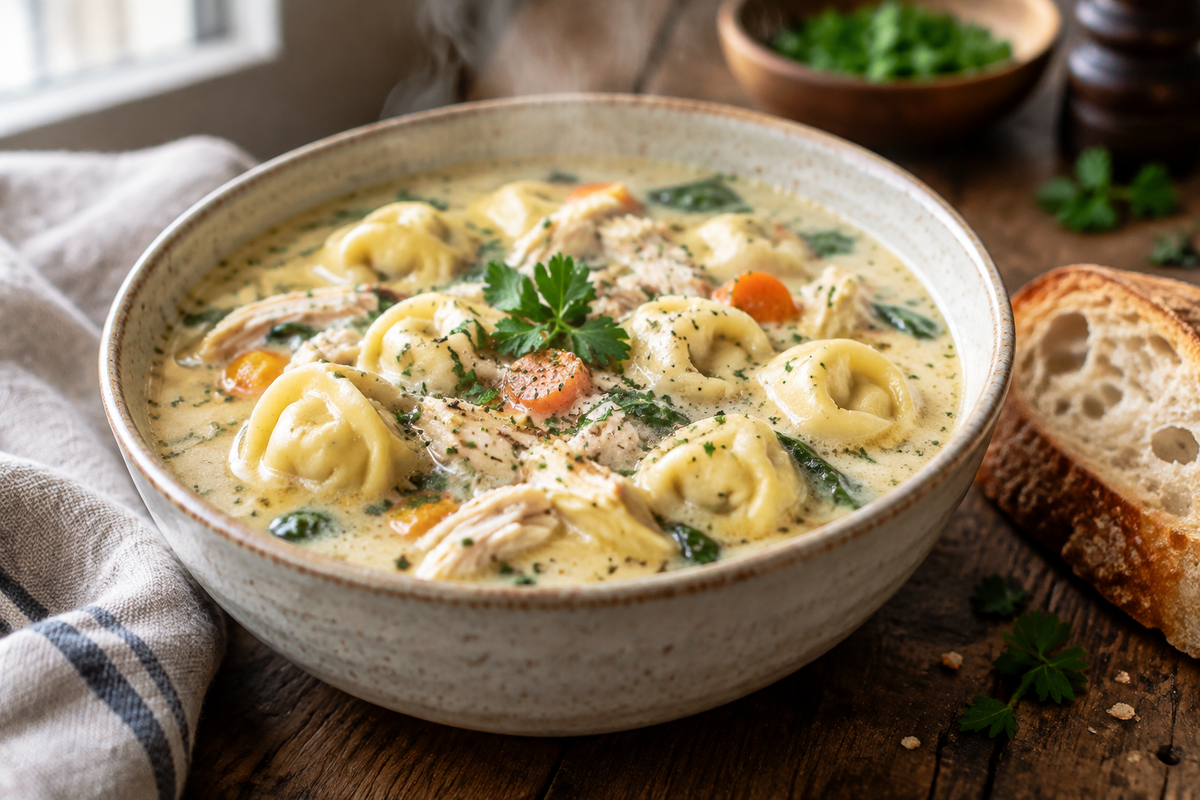 Creamy chicken tortellini soup in a bowl garnished with parsley and pepper