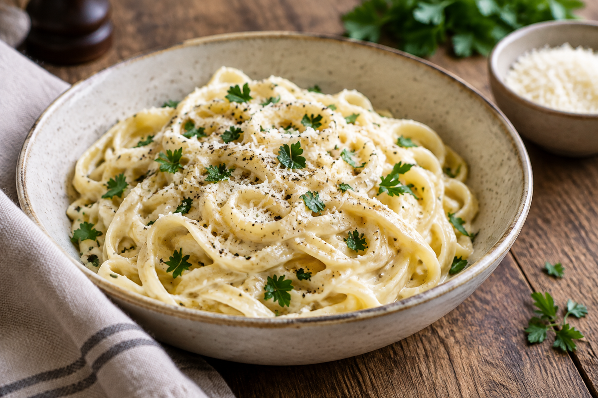 Creamy fettuccine alfredo pasta garnished with parsley and black pepper, showcasing fettuccine alfredo