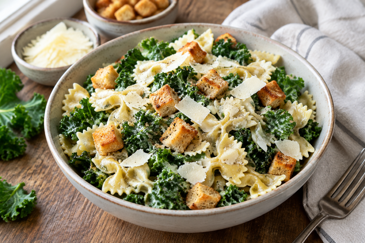 Creamy kale caesar pasta salad with bowtie pasta, kale, Parmesan, and croutons in a bowl