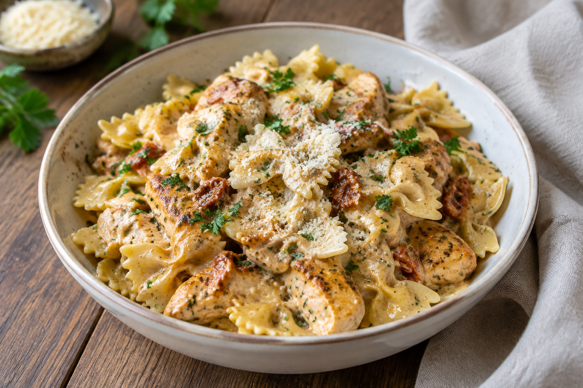 Creamy Marry Me Chicken Bowtie Pasta garnished with parsley and parmesan cheese