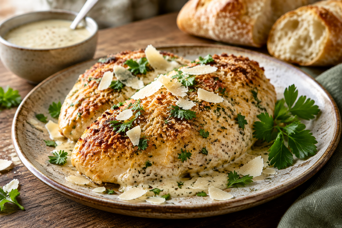 Creamy parmesan chicken baked with Caesar dressing garnished with parsley and parmesan