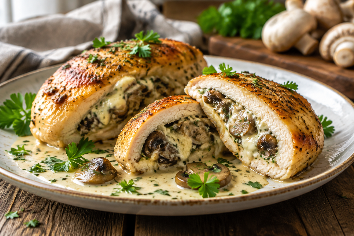 Creamy stuffed chicken breasts with flavorful mushroom medley on a rustic plate