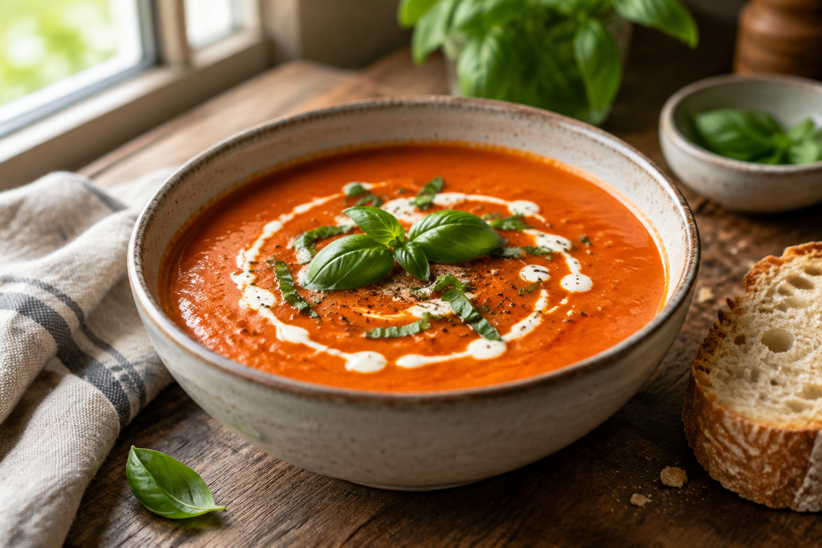 Creamy tomato basil soup garnished with fresh basil and cream, showing the creamy tomato basil soup with hidden veggies