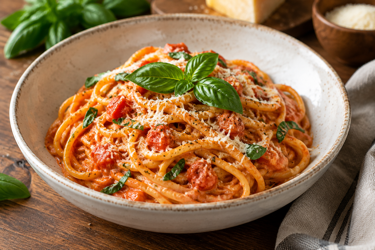 Creamy tomato garlic pasta garnished with fresh basil and parmesan, creamy tomato garlic pasta recipe
