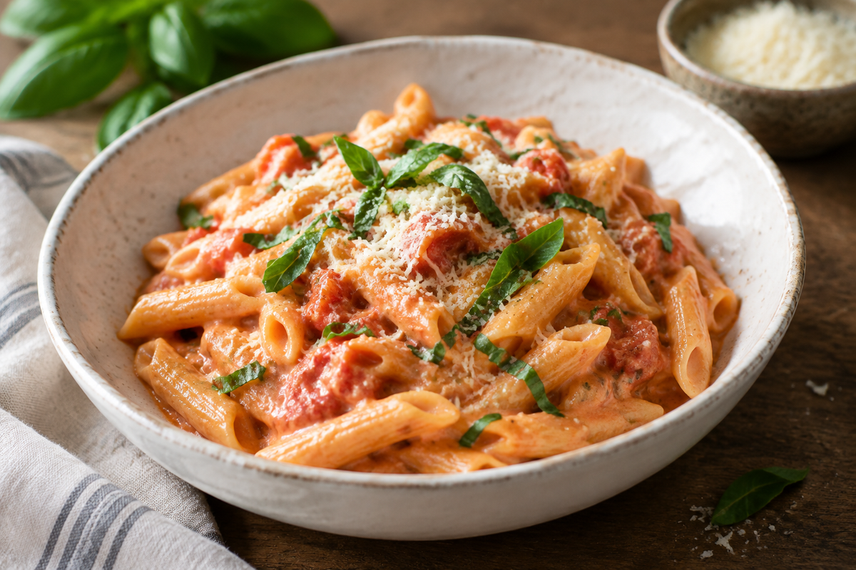 Creamy tomato garlic pasta in a white bowl garnished with basil and Parmesan, showcasing creamy tomato garlic pasta
