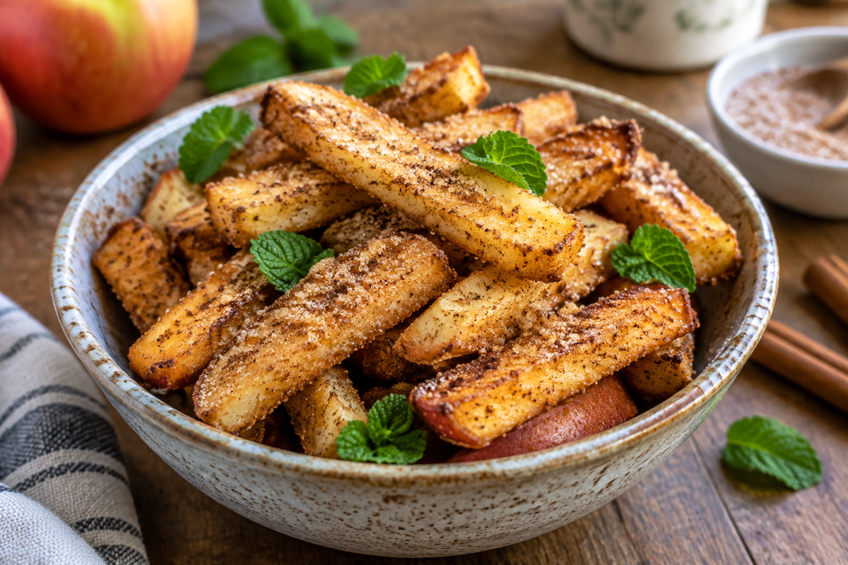 Golden crispy air fryer apple fries garnished with cinnamon sugar and fresh mint leaves
