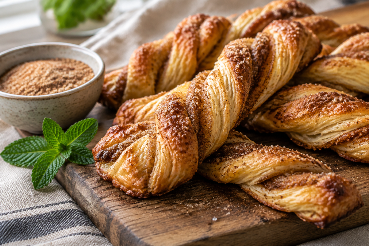 Golden crispy cinnamon puff pastry twists with cinnamon sugar sparkle on rustic board, showcasing cinnamon puff pastry texture