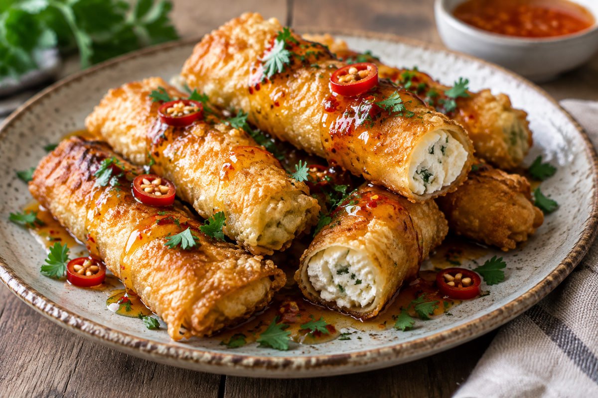 Plate of crispy feta rolls drizzled with sweet chili honey drizzle and garnished with parsley