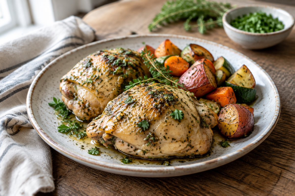 Tender garlic herb chicken cooked in crockpot garnished with fresh herbs and served with roasted vegetables