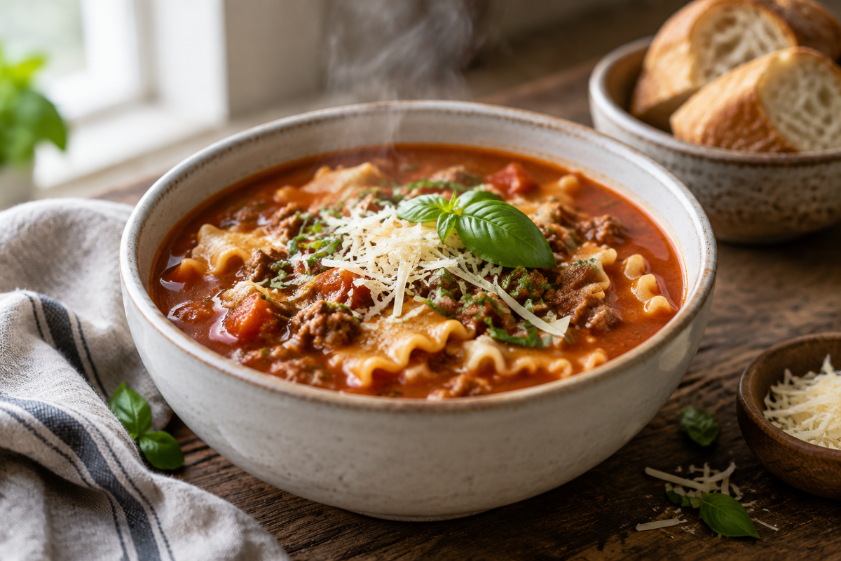 A bowl of crockpot lasagna soup garnished with basil and Parmesan cheese for cozy dinners