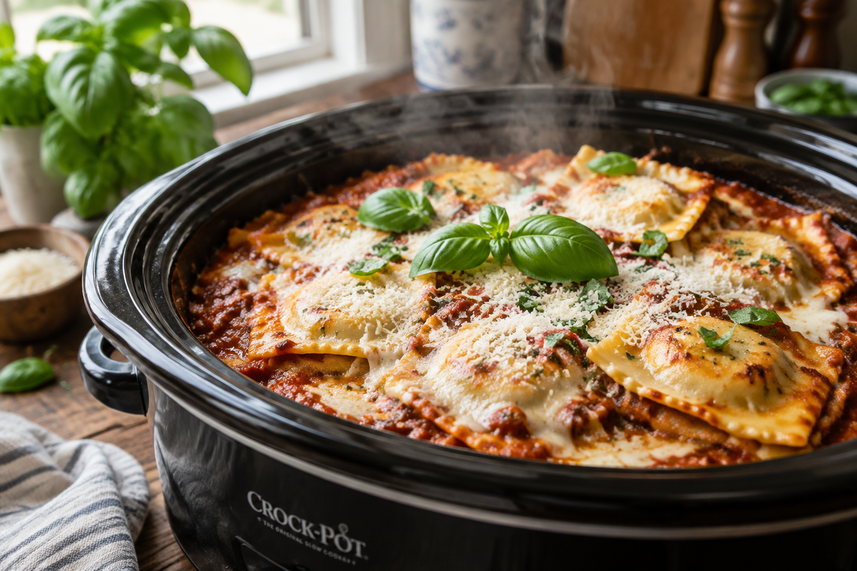 Crockpot ravioli lasagna with melted cheese and basil garnish in a slow cooker, crockpot ravioli lasagna