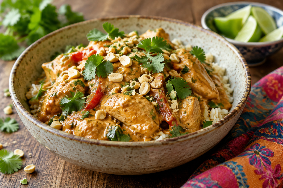 Creamy Thai peanut chicken in a bowl garnished with peanuts and cilantro, showcasing the thai peanut chicken dish