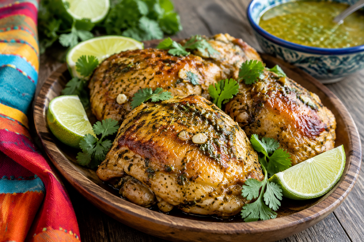 Juicy Cuban mojo chicken thighs garnished with cilantro and lime wedges