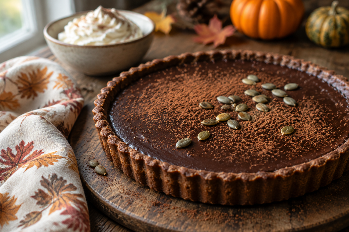 Dark chocolate pumpkin tart garnished with cocoa powder and pumpkin seeds for family dinner