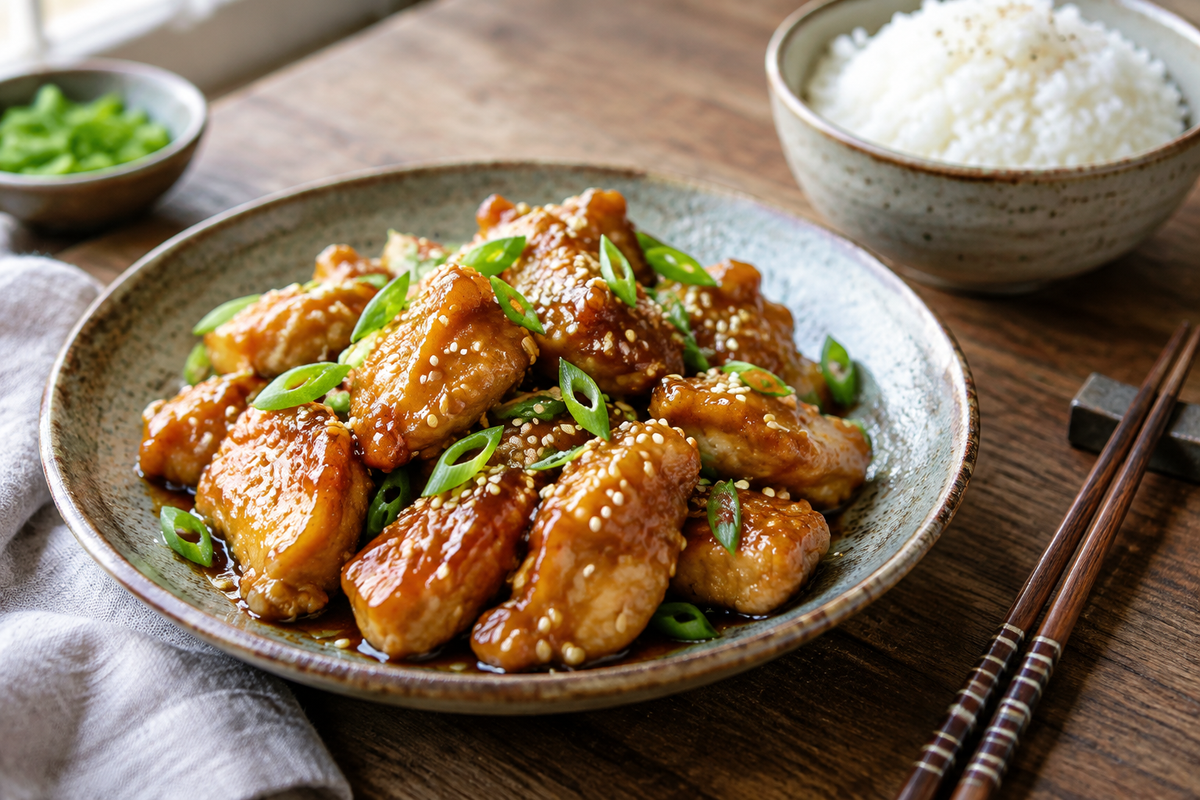 Honey chicken dish with sesame seeds and green onions, showcasing the easy honey chicken recipe