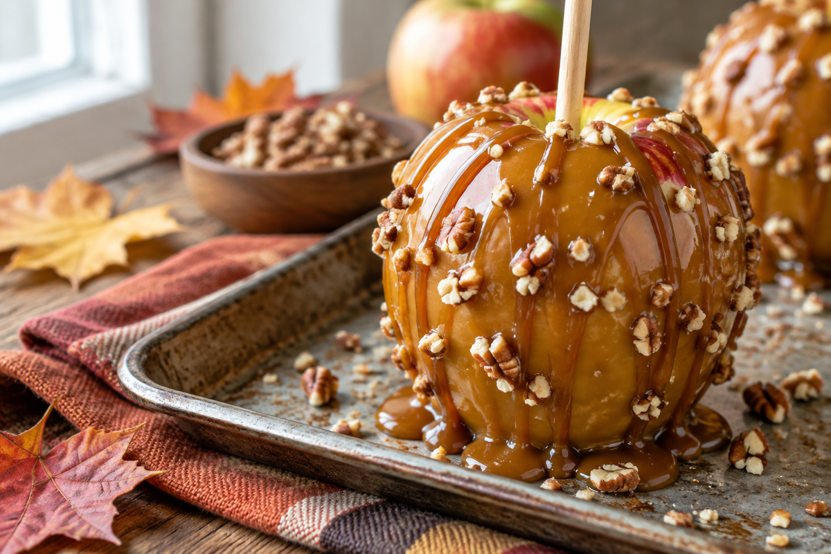 Easy and delicious sheet pan caramel apples drizzled with caramel and nuts on a rustic sheet pan