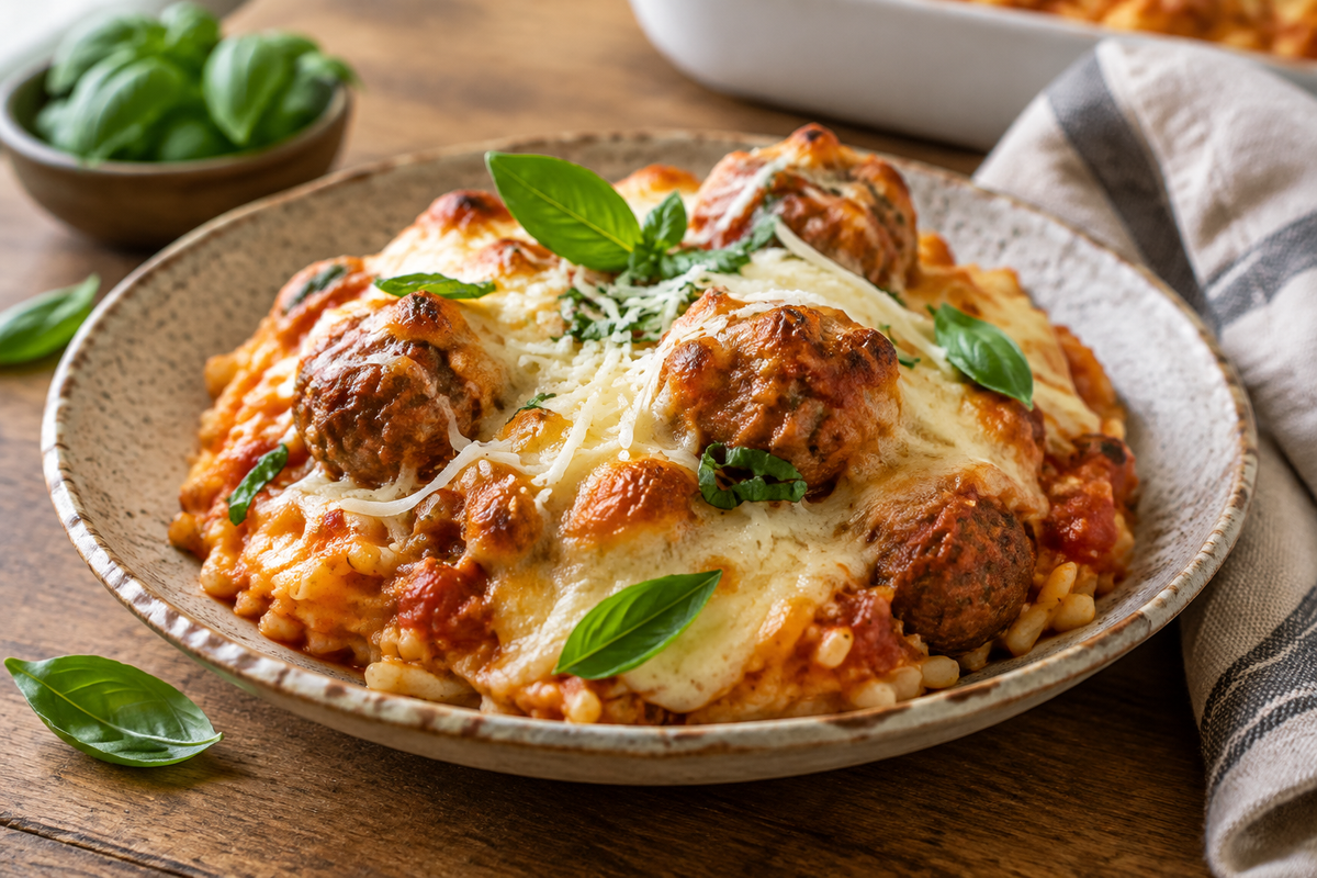 Dump and bake meatball casserole with melted cheese and fresh basil garnish on rustic plate