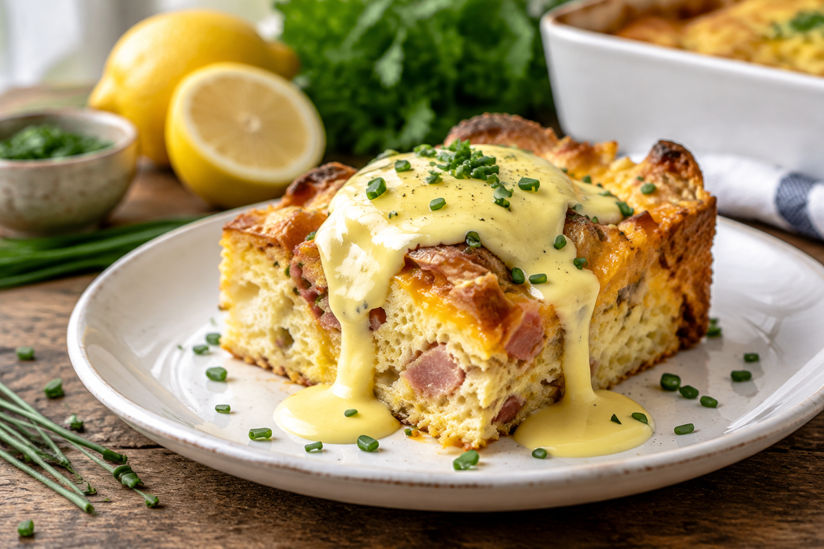 Golden baked eggs benedict casserole slice garnished with chives and hollandaise sauce