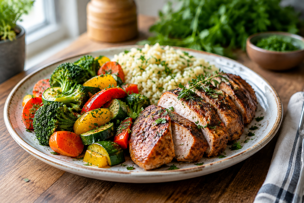 easy family meals served on a plate with vegetables and meat, garnished with fresh herbs