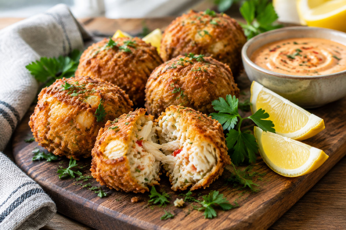 Golden crispy crab bombs appetizer with creamy crab filling and parsley garnish