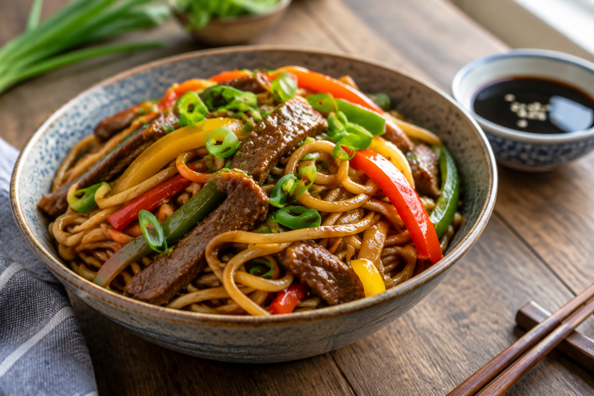Close-up of beef lo mein with tender beef and colorful vegetables in savory sauce
