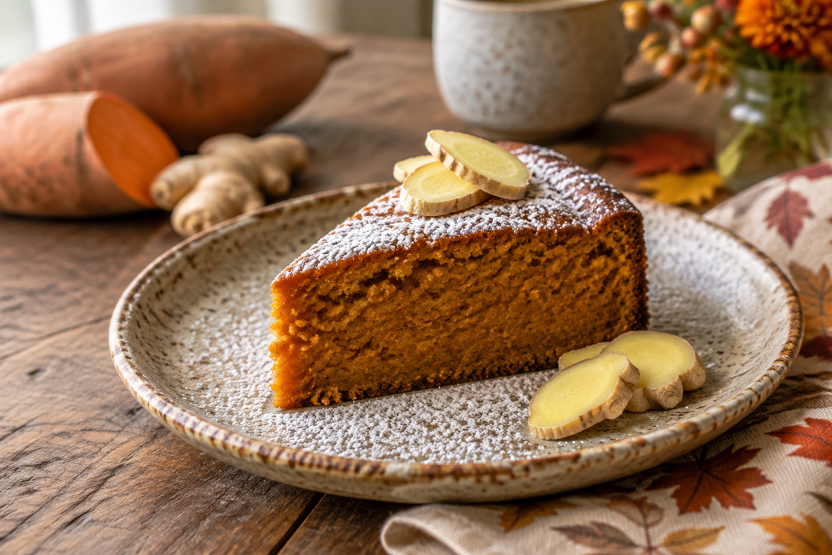 Slice of flourless sweet potato cake with ginger garnished with powdered sugar and fresh ginger slices