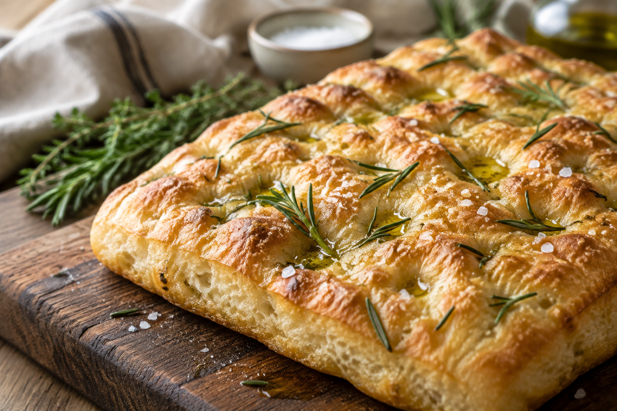 Freshly baked easy focaccia bread topped with rosemary and sea salt on rustic wooden board