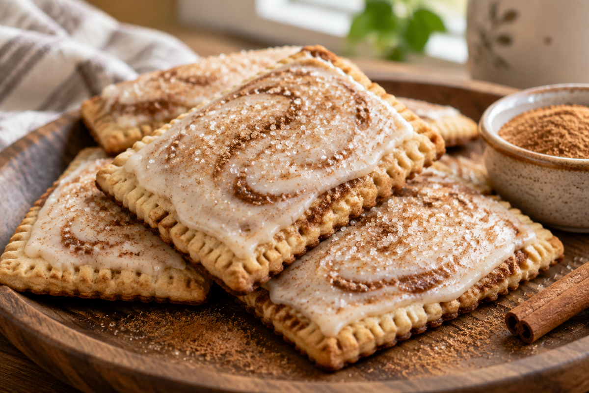Freshly baked frosted brown sugar cinnamon cookies stacked on plate, showing sugar glaze and cinnamon swirls