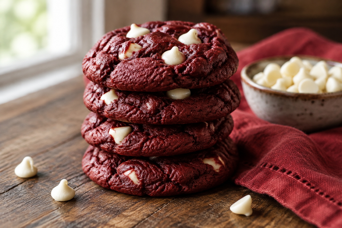 Stack of fudgy red velvet cookies with browned butter blondie base on rustic surface