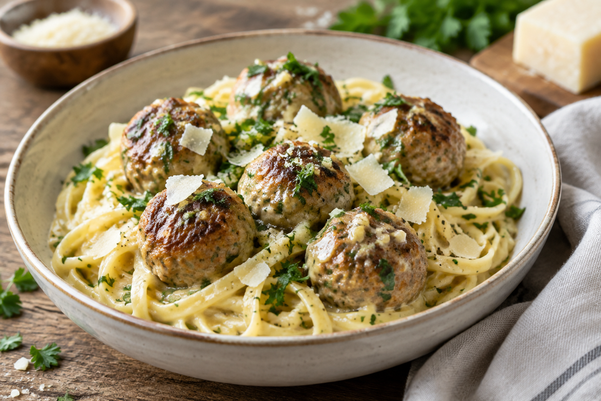 Garlic butter meatballs served over creamy Parmesan linguine with parsley garnish