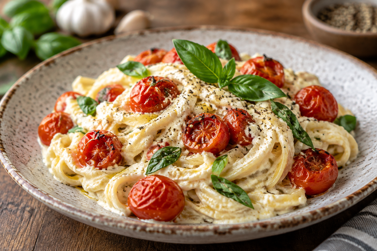 Garlic ricotta pasta with roasted tomatoes garnished with fresh basil and black pepper