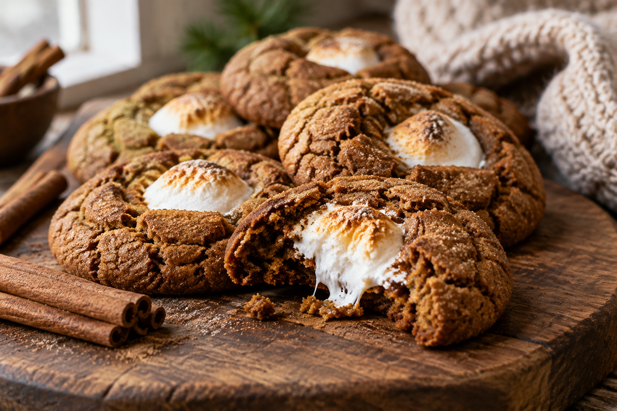 Gingerbread marshmallow cookies with gooey marshmallow centers on rustic board, soft natural light