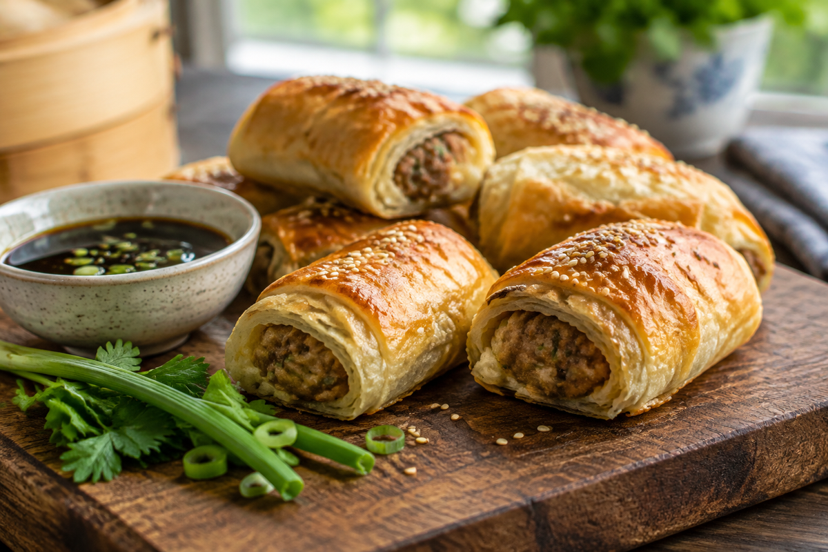 Golden brown dim sim sausage rolls with flaky pastry and soy sauce, dim sim sausage rolls