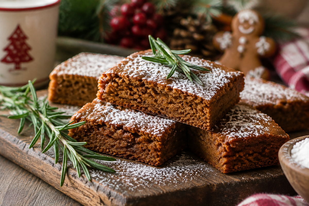 Freshly baked gingerbread cookie bars with powdered sugar and rosemary garnish in soft natural light